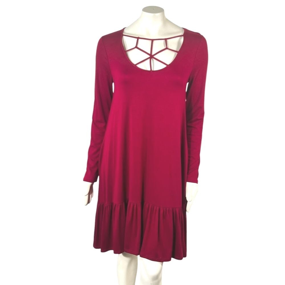 Zenana Outfitters Burgundy Long Sleeve Strappy Neckline Swing Dress Ruffle Hem M